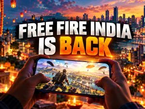 Free Fire India launch date headline over a phone and Diwali city lights
