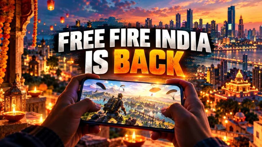 Free Fire India launch date headline over a phone and Diwali city lights