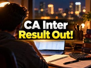 Student studying at night with laptop and CA books, CA Inter result