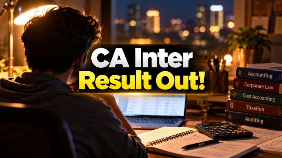 Student studying at night with laptop and CA books, CA Inter result