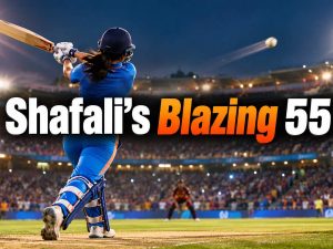 IND W vs ZIM W: India women batter hits a boundary at a floodlit stadium, Shafali Verma 55