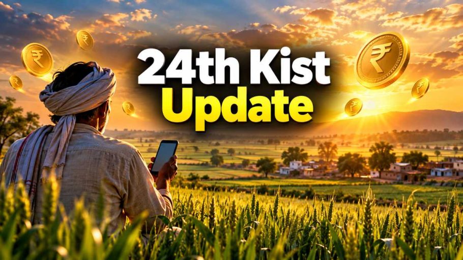 Indian farmer in wheat field checking phone for PM Kisan 24th installment update